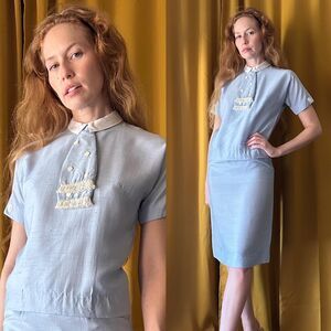 Vintage 1950s Pastel Blue Sheath Dress with Collared Neckline, size xs